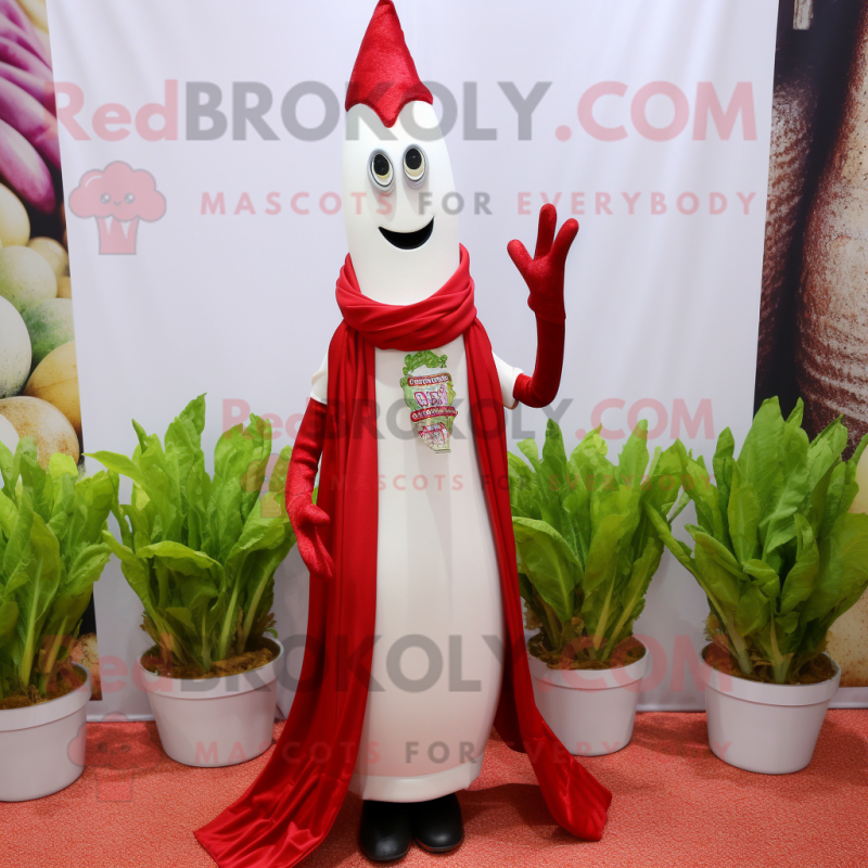 Red Asparagus mascot costume character dressed with a Wedding Dress and Scarf clips Red Asparagus mascot costume character dressed with a Wedding Dress and Scarf clips