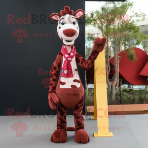 Maroon Giraffe mascot costume character dressed with a Long Sleeve Tee and Scarf clips