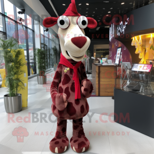 Maroon Giraffe mascot costume character dressed with a Long Sleeve Tee and Scarf clips