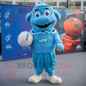 Cyan Rugby Ball mascot costume character dressed with a Dress Shirt and Scarves