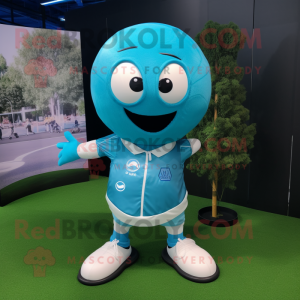 Cyan Rugby Ball mascot costume character dressed with a Dress Shirt and Scarves