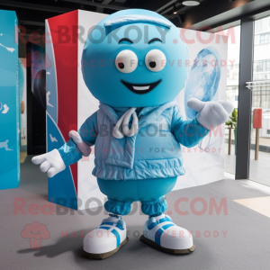 Cyan Rugby Ball mascot costume character dressed with a Dress Shirt and Scarves