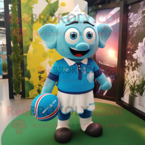 Cyan Rugby Ball mascot costume character dressed with a Dress Shirt and Scarves