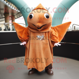 Rust Stingray mascot costume character dressed with a Coat and Gloves