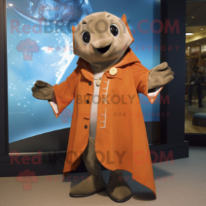 Rust Stingray mascot costume character dressed with a Coat and Gloves