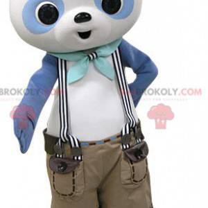 Mascotte panda blu e bianco con pantaloncini bretelle -