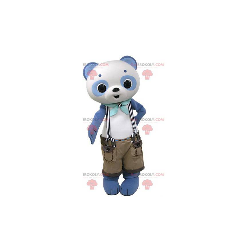 Mascotte panda blu e bianco con pantaloncini bretelle -