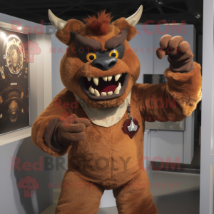 Brown Devil mascot costume character dressed with a Poplin Shirt and Earrings