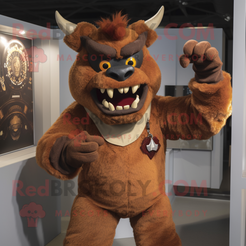 Brown Devil mascot costume character dressed with a Poplin Shirt and Earrings Brown Devil mascot costume character dressed with a Poplin Shirt and Earrings