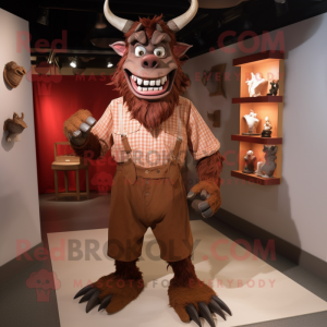 Brown Devil mascot costume character dressed with a Poplin Shirt and Earrings