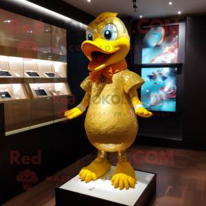 Gold Duck mascot costume character dressed with a Bikini and Cummerbunds