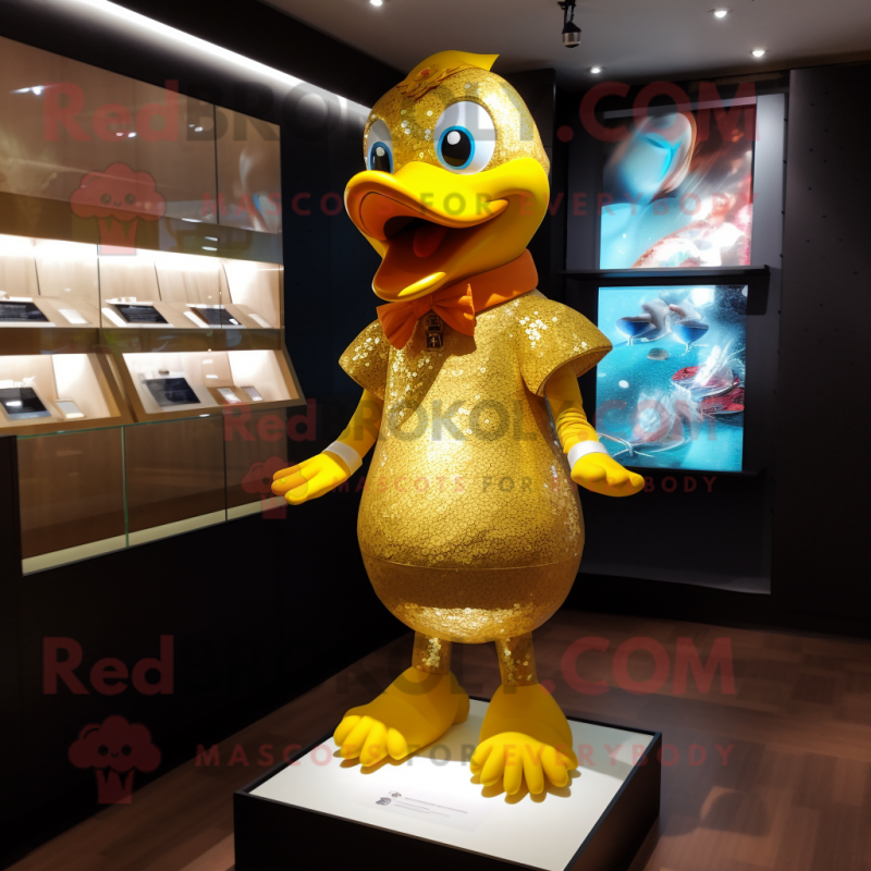 Gold Duck mascot costume character dressed with a Bikini and Cummerbunds Gold Duck mascot costume character dressed with a Bikini and Cummerbunds