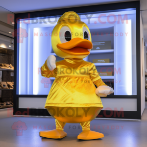Gold Duck mascot costume character dressed with a Bikini and Cummerbunds