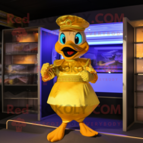 Gold Duck mascot costume character dressed with a Bikini and Cummerbunds