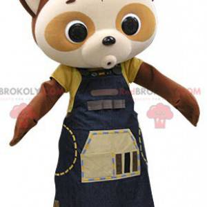 Bruine en beige panda-mascotte met een blauwe jurk -