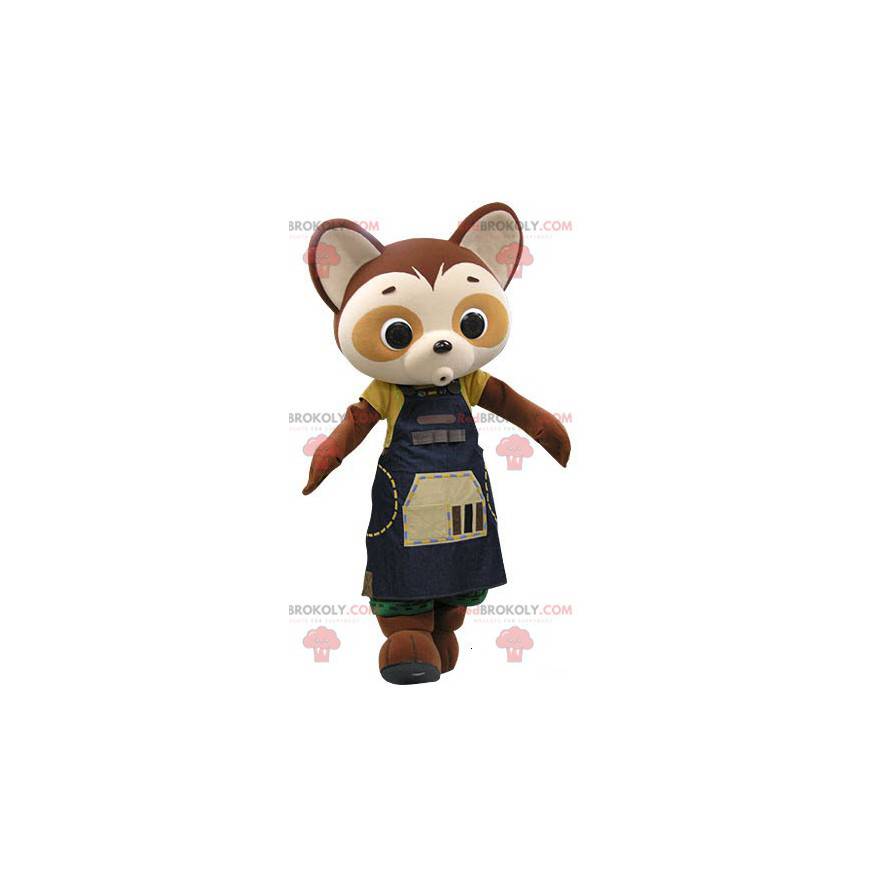 Mascota panda marrón y beige con un vestido azul -
