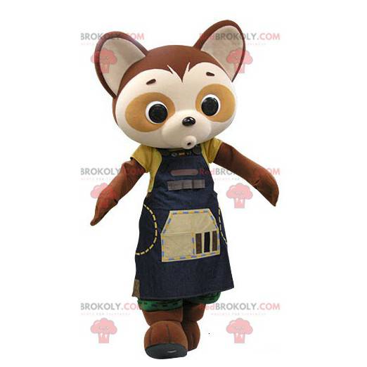 Mascotte panda marrone e beige con un vestito blu -