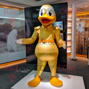 Gold Duck mascot costume character dressed with a Bikini and Cummerbunds