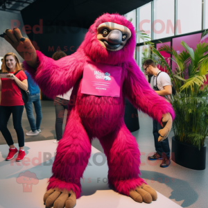 Magenta Giant Sloth mascot costume character dressed with a Jeans and Keychains