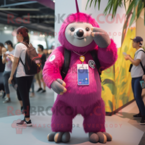 Magenta Giant Sloth mascot costume character dressed with a Jeans and Keychains