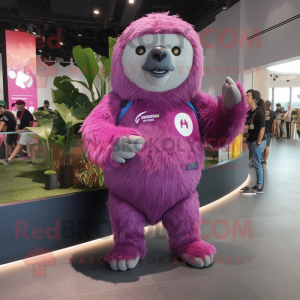 Magenta Giant Sloth mascot costume character dressed with a Jeans and Keychains