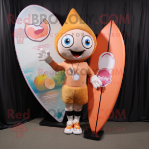 Peach Arrow Of Love mascot costume character dressed with a Board Shorts and Beanies