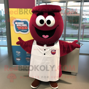 Maroon Lasagna mascot costume character dressed with a Button-Up Shirt and Shawl pins