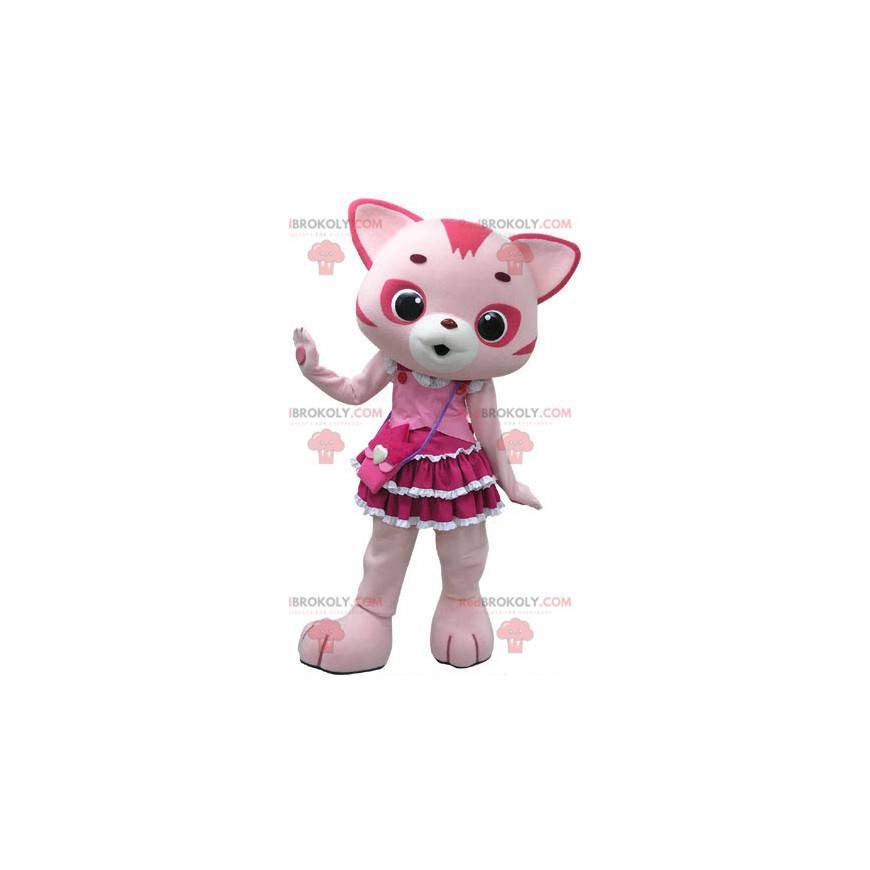 Mascotte de chat rose et blanc avec une jolie robe -