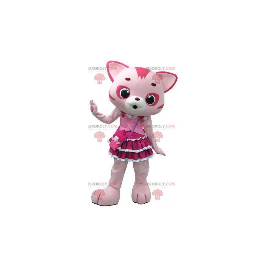 Mascotte gatto rosa e bianco con un bel vestito - Redbrokoly.com