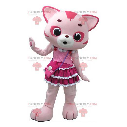 Roze en witte kat mascotte met een mooie jurk - Redbrokoly.com