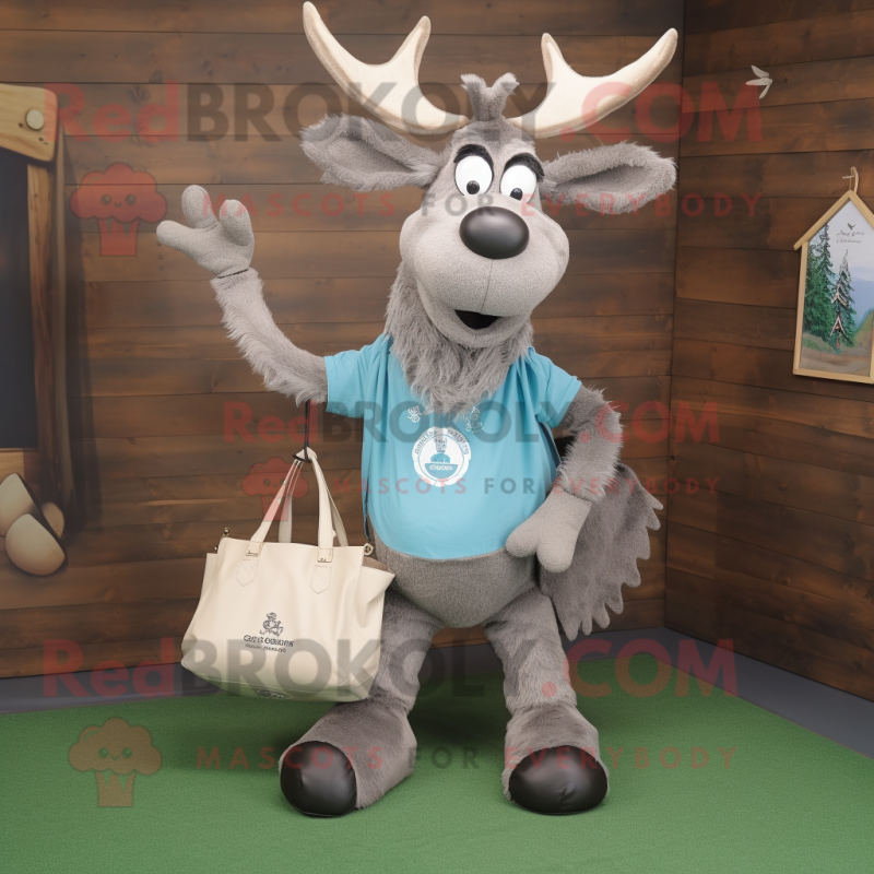 Silver Irish Elk mascot costume character dressed with a Playsuit and Tote bags Silver Irish Elk mascot costume character dressed with a Playsuit and Tote bags
