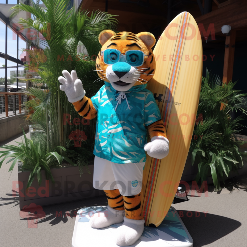 Turquoise Tiger mascot costume character dressed with a Board Shorts and Eyeglasses