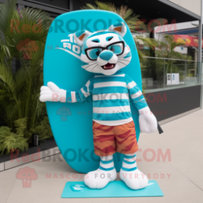 Turquoise Tiger mascot costume character dressed with a Board Shorts and Eyeglasses