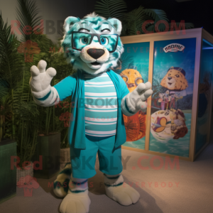 Turquoise Tiger mascot costume character dressed with a Board Shorts and Eyeglasses