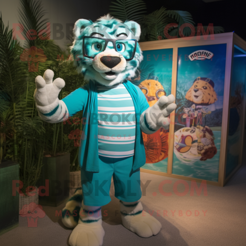 Turquoise Tiger mascot costume character dressed with a Board Shorts and Eyeglasses Turquoise Tiger mascot costume character dressed with a Board Shorts and Eyeglasses