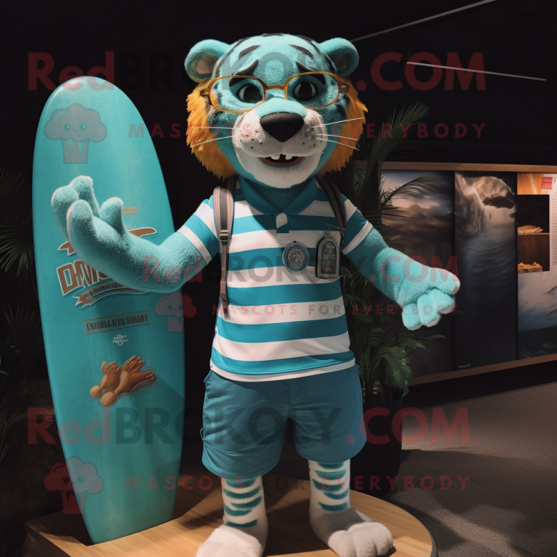 Turquoise Tiger mascot costume character dressed with a Board Shorts and Eyeglasses