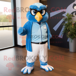 Sky Blue Falcon mascot costume character dressed with a Oxford Shirt and Headbands