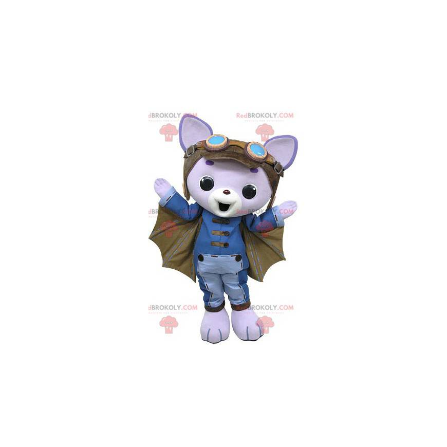 Mascotte de chat mauve avec des ailes de chauve-souris -