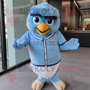 Sky Blue Falcon mascot costume character dressed with a Oxford Shirt and Headbands