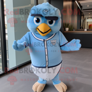 Sky Blue Falcon mascot costume character dressed with a Oxford Shirt and Headbands