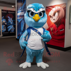 Sky Blue Falcon mascot costume character dressed with a Oxford Shirt and Headbands
