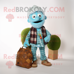 Cyan Falafel mascot costume character dressed with a Flannel Shirt and Handbags
