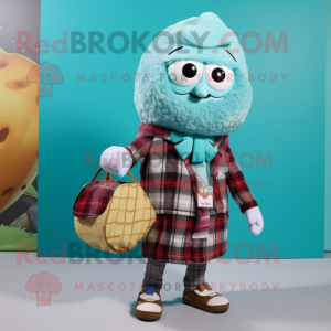 Cyan Falafel mascot costume character dressed with a Flannel Shirt and Handbags