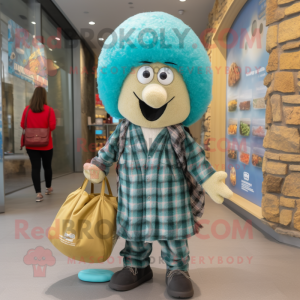 Cyan Falafel mascot costume character dressed with a Flannel Shirt and Handbags