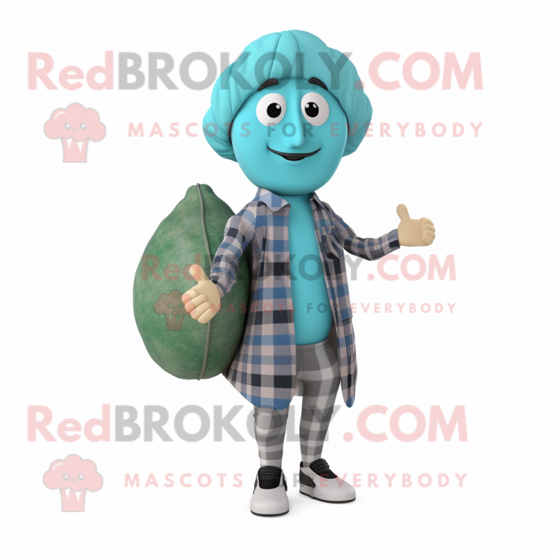 Cyan Falafel mascot costume character dressed with a Flannel Shirt and Handbags Cyan Falafel mascot costume character dressed with a Flannel Shirt and Handbags