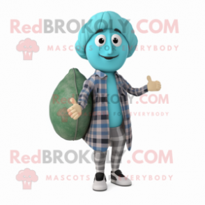 Cyan Falafel mascot costume character dressed with a Flannel Shirt and Handbags