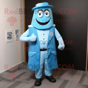 Sky Blue Bbq Ribs mascot costume character dressed with a Waistcoat and Lapel pins