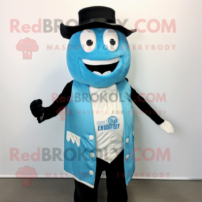 Sky Blue Bbq Ribs mascot costume character dressed with a Waistcoat and Lapel pins