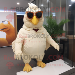 Beige Chicken mascot costume character dressed with a Long Sleeve Tee and Sunglasses