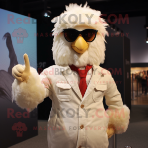 Beige Chicken mascot costume character dressed with a Long Sleeve Tee and Sunglasses